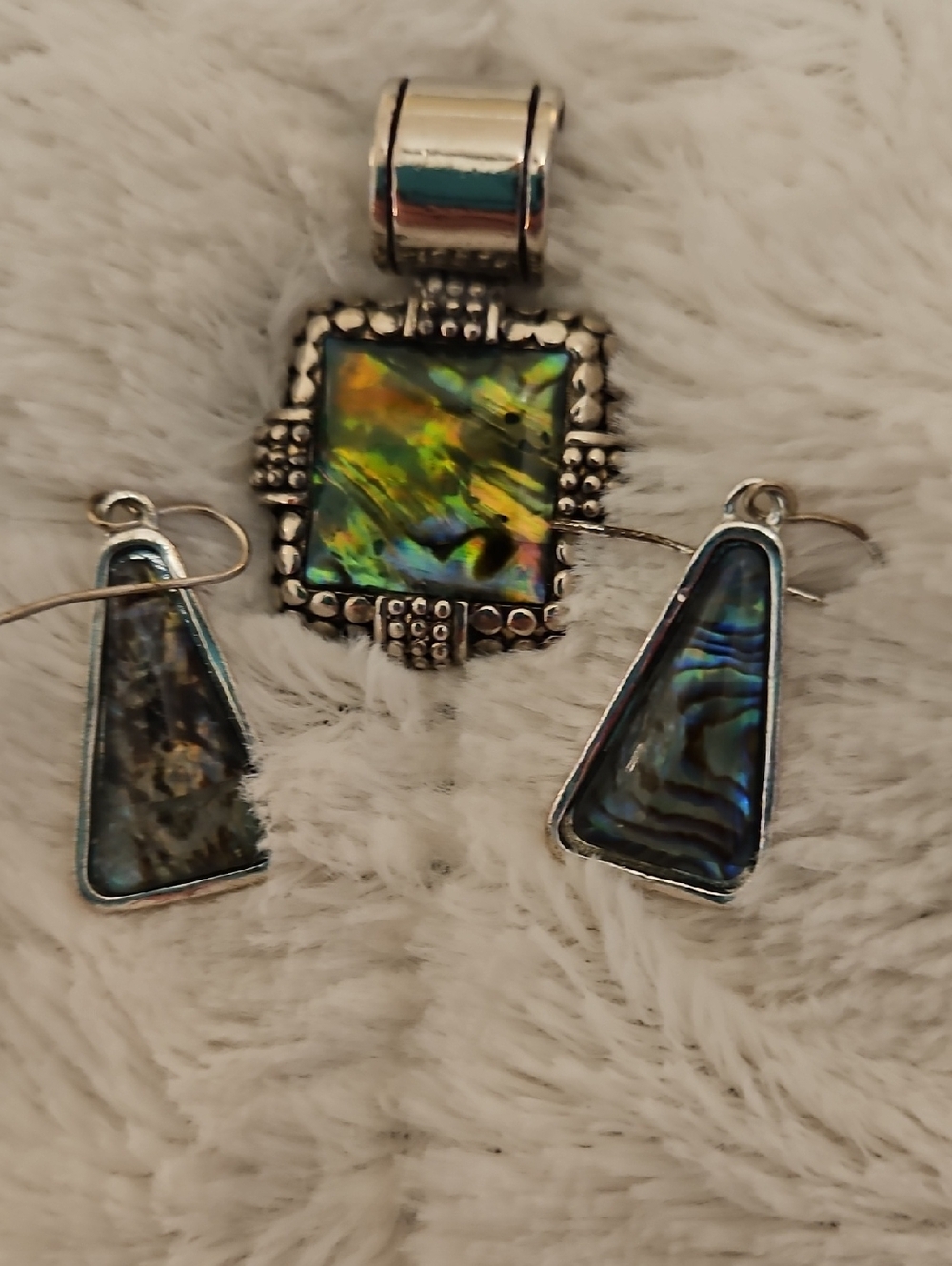 Beautiful Iridescent Abalone Triangle Drop Earrings With Pendant. Silver Frame